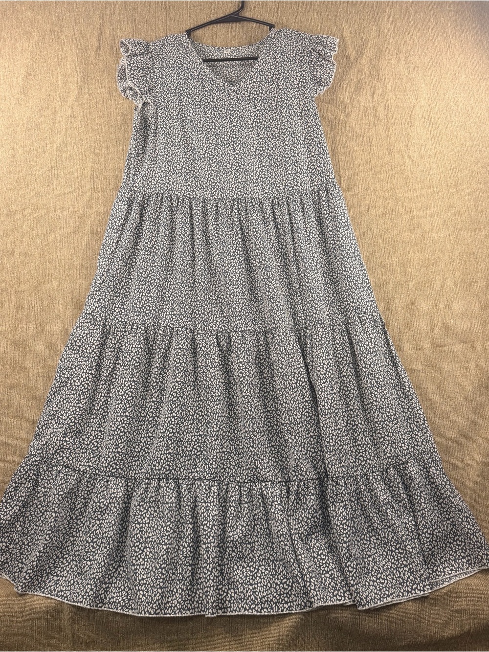 Boutique Blue White Leopard Print Tiered Midi Dress Flutter Sleeve Small